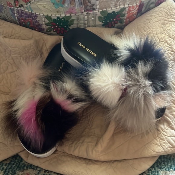 Stuart Weitzman Sublime REAL Multi-Color Fox Fur Sandals Slides Flats Slippers - Picture 11 of 16